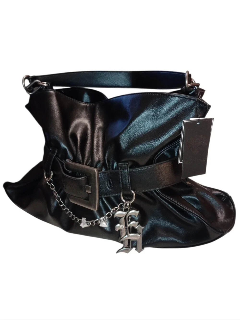 Ed Hardy Black Faux Leather Belted Shoulder Bag with Chain Charm, NWT